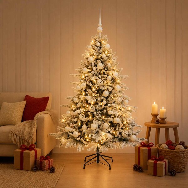 Műkarácsonyfa gömbbel 120 cm 150 LED Meleg fehér PVC és fém