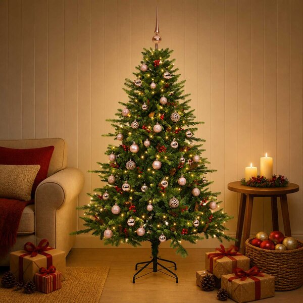 Műkarácsonyfa gömbbel 120 cm 150 LED Meleg fehér PVC és fém