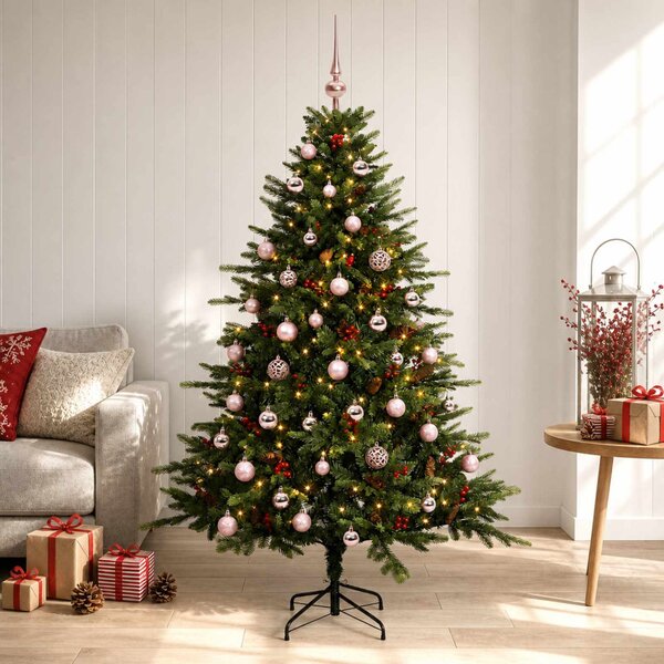 Műkarácsonyfa gömbbel 120 cm 150 LED Meleg fehér PVC és fém