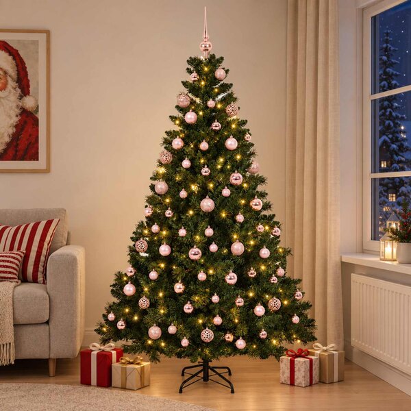 Műfenyő gömbökkel 180 cm 300 LED Meleg fehér PVC és fém Zöld