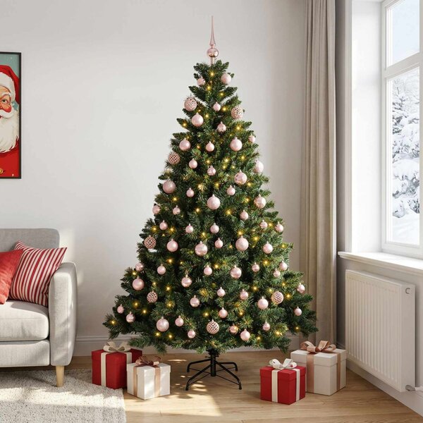 Műfenyő gömbökkel 180 cm 300 LED Meleg fehér PVC és fém Zöld