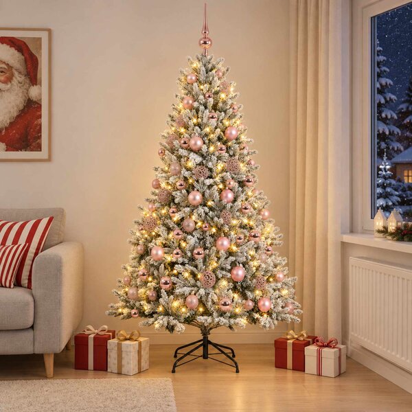 Műkarácsonyfa gömbbel 180 cm 300 LED Meleg fehér PVC és fém