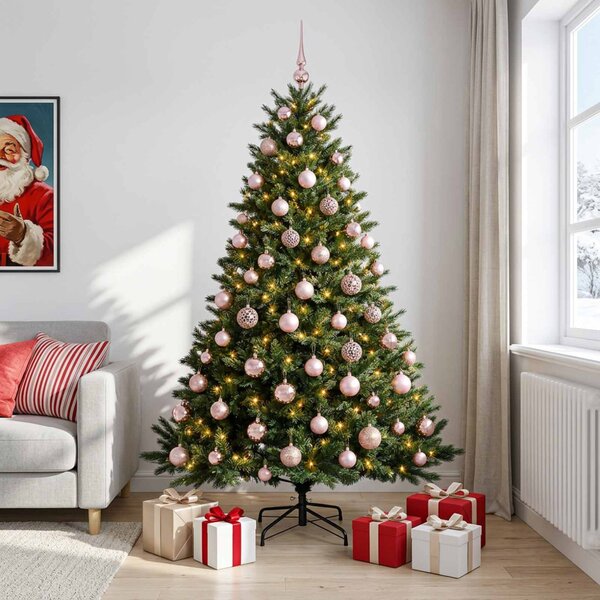 Műkarácsonyfa gömbbel 180 cm 300 LED Meleg fehér PVC és fém