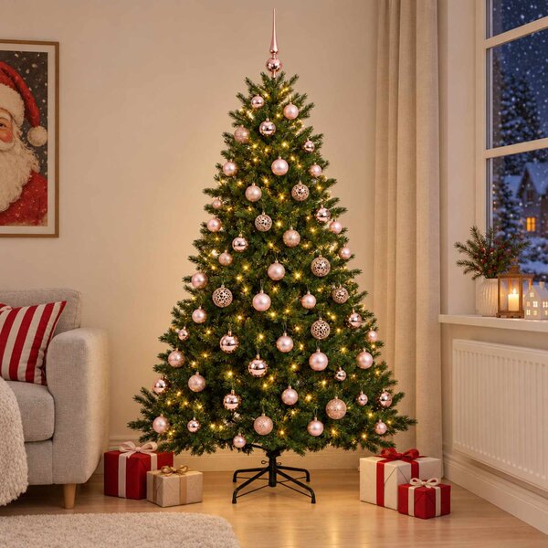 Műkarácsonyfa gömbbel 180 cm 300 LED Meleg fehér PVC és fém