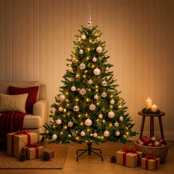 Műkarácsonyfa gömbbel 120 cm 150 LED Meleg fehér PVC és fém
