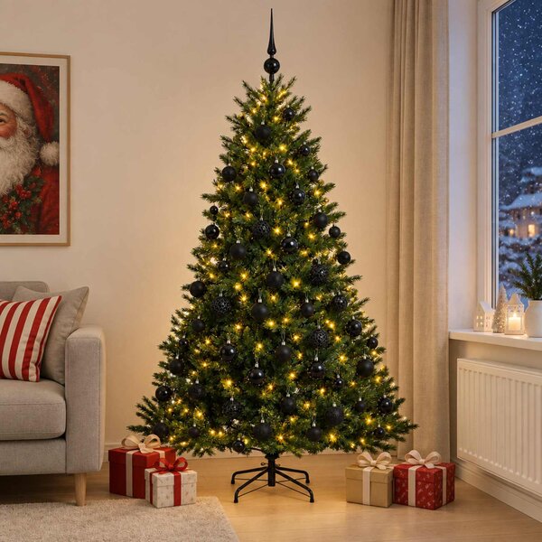 Műkarácsonyfa gömbbel 180 cm 300 LED Meleg fehér PVC és fém