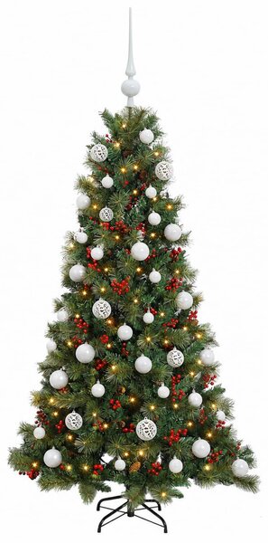 Műkarácsonyfa gömbbel 150 cm 150 LED Meleg fehér PVC és fém