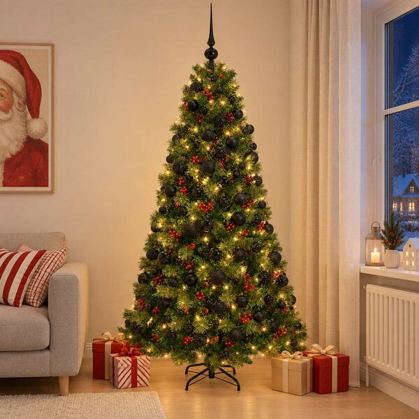 Műkarácsonyfa gömbbel 180 cm 300 LED Meleg fehér PVC és fém