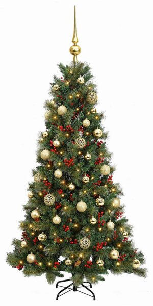 Műkarácsonyfa gömbbel 150 cm 150 LED Meleg fehér PVC és fém
