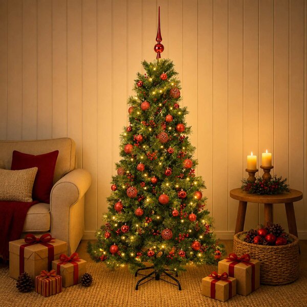 Műkarácsonyfa gömbbel 150 cm 150 LED Meleg fehér PVC és fém