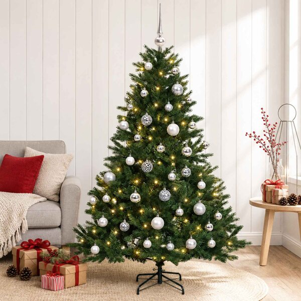 Műkarácsonyfa gömbbel 120 cm 150 LED Meleg fehér PVC és fém
