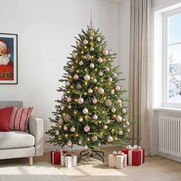 Műkarácsonyfa gömbbel 180 cm 300 LED Meleg fehér PVC és fém