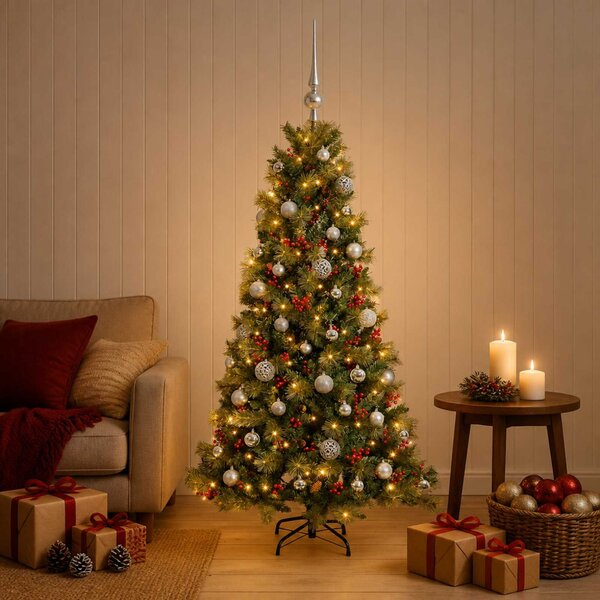 Műkarácsonyfa gömbbel 150 cm 150 LED Meleg fehér PVC és fém