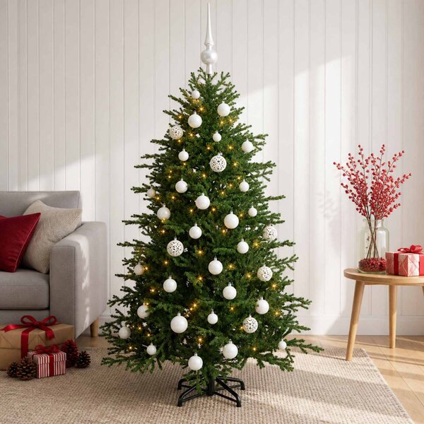 Műkarácsonyfa gömbbel 120 cm 150 LED Meleg fehér PVC és fém