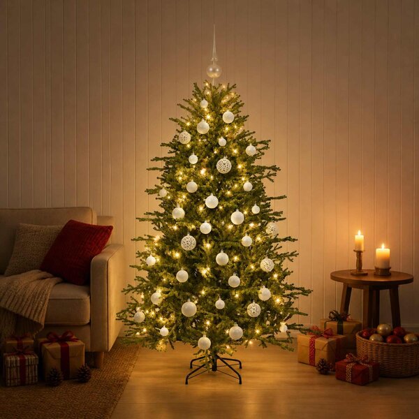 Műkarácsonyfa gömbbel 120 cm 150 LED Meleg fehér PVC és fém