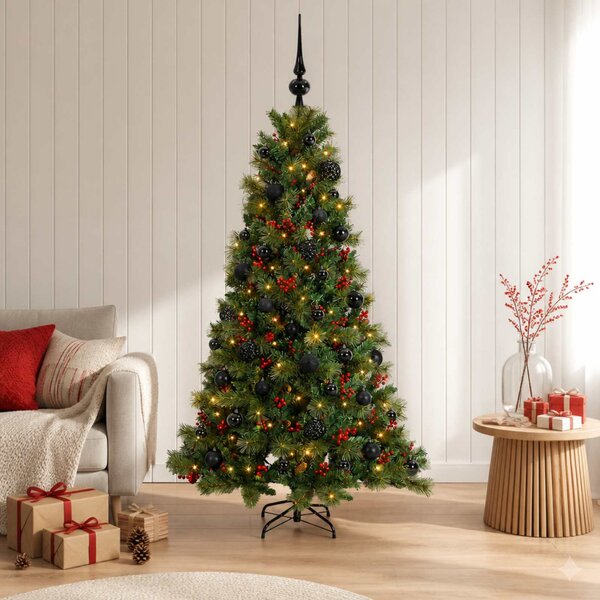Műkarácsonyfa gömbbel 150 cm 150 LED Meleg fehér PVC és fém