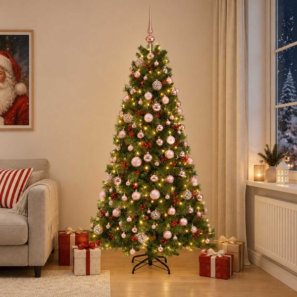 Műkarácsonyfa gömbbel 180 cm 300 LED Meleg fehér PVC és fém