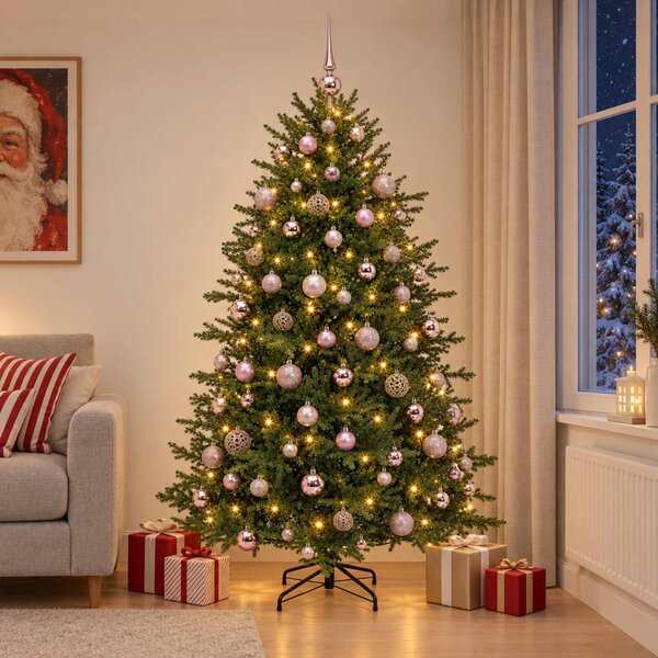 Műkarácsonyfa gömbbel 180 cm 300 LED Meleg fehér PVC és fém