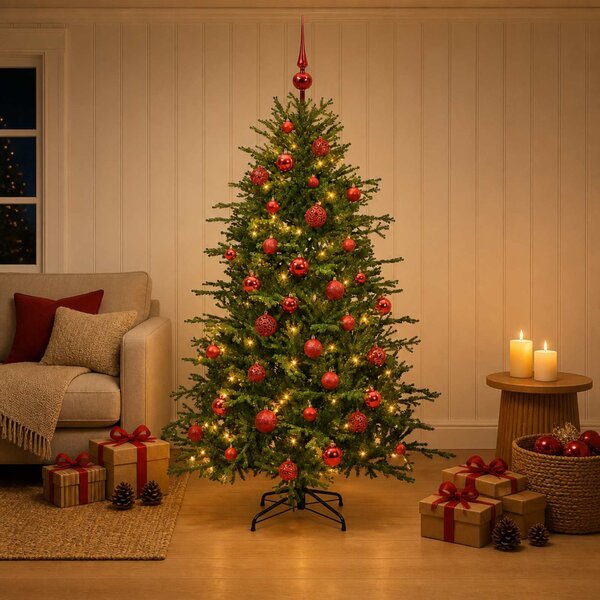 Műkarácsonyfa gömbbel 120 cm 150 LED Meleg fehér PVC és fém