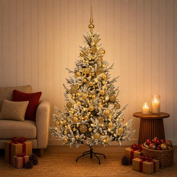 Műkarácsonyfa gömbbel 120 cm 150 LED Meleg fehér PVC és fém