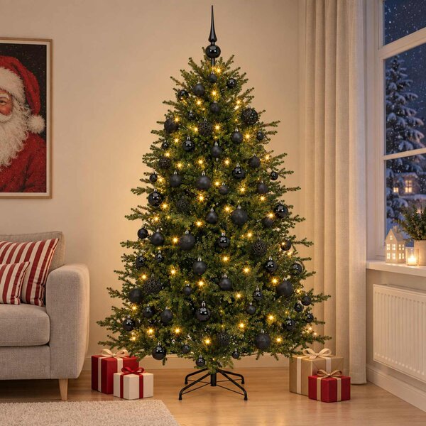 Műkarácsonyfa gömbbel 180 cm 300 LED Meleg fehér PVC és fém