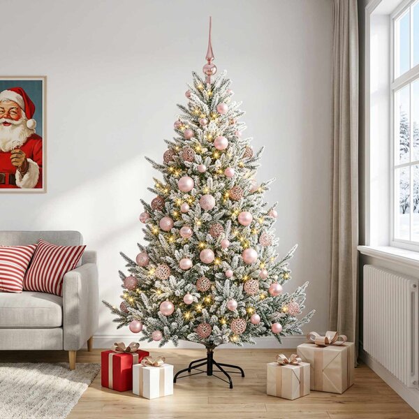 Műkarácsonyfa gömbbel 180 cm 300 LED Meleg fehér PVC és fém