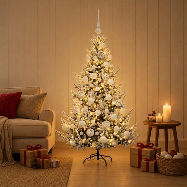 Műkarácsonyfa gömbbel 120 cm 150 LED Meleg fehér PVC és fém