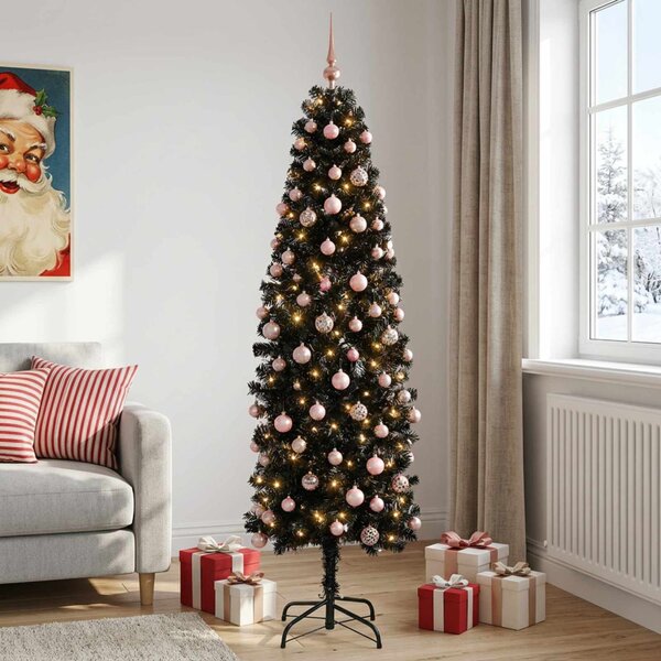Karcsú műkarácsonyfa gömbökkel 180 cm 300 LED Meleg fehér