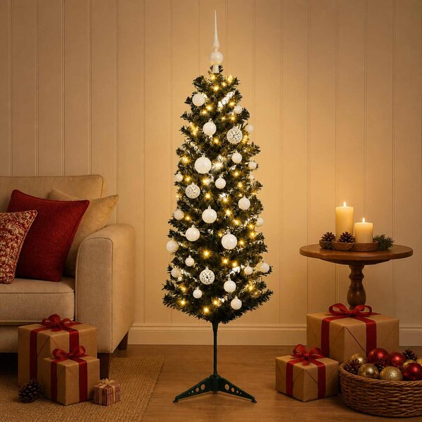 Karcsú műkarácsonyfa gömbökkel 150 cm 150 LED Meleg fehér