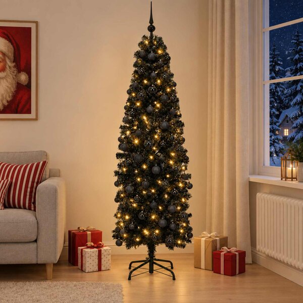 Karcsú műkarácsonyfa gömbökkel 180 cm 300 LED Meleg fehér