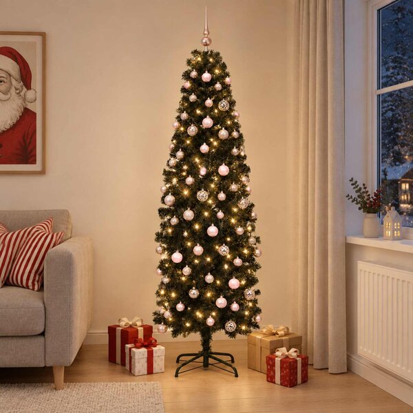 Karcsú műkarácsonyfa gömbökkel 180 cm 300 LED Meleg fehér