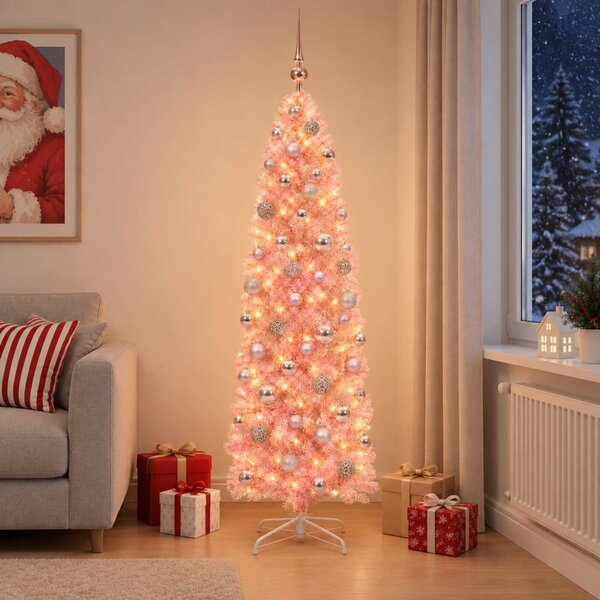 Keskeny műkarácsonyfa gömbbel 180 cm 300 LED Meleg fehér