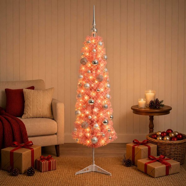 Karcsú műkarácsonyfa gömbökkel 120 cm 150 LED Meleg fehér
