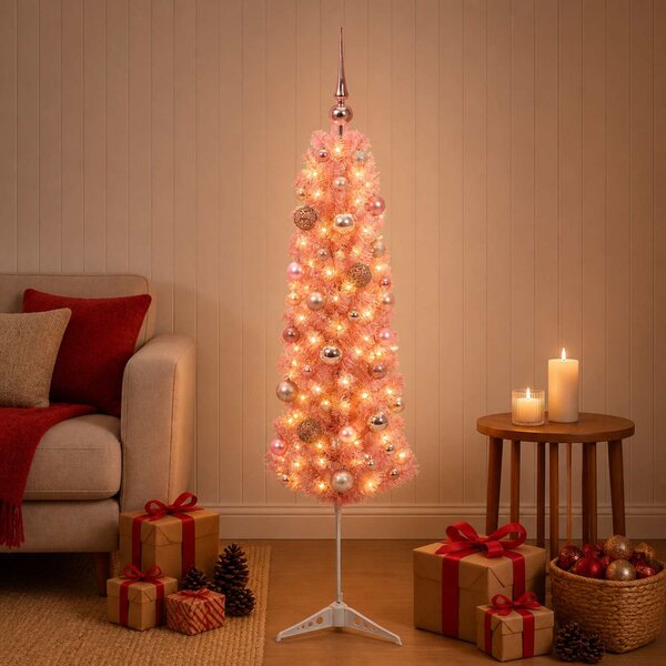 Keskeny műfenyő gömbdísszel 120 cm 150 LED Meleg fehér