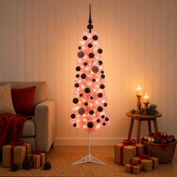 Keskeny műkarácsonyfa gömbökkel 120 cm 150 LED Meleg fehér