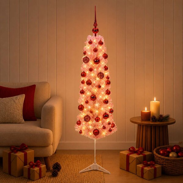 Keskeny műkarácsonyfa díszgömbökkel 120 cm 150 LED Meleg fehér