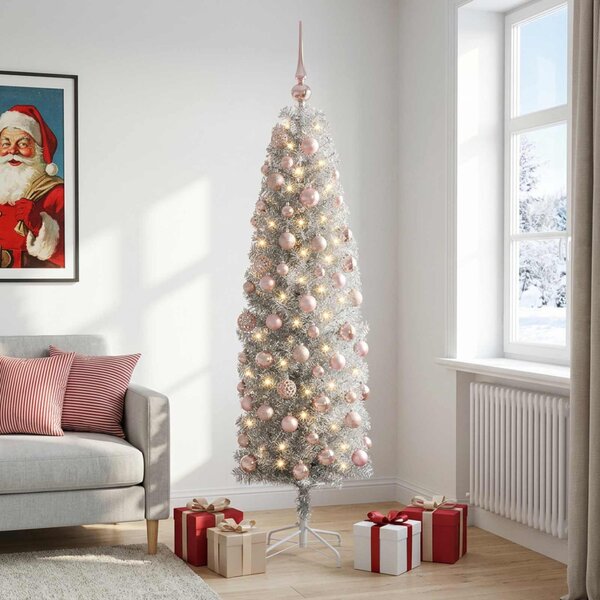 Karcsú műkarácsonyfa gömbökkel 180 cm 300 LED Meleg fehér