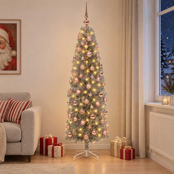 Karcsú műkarácsonyfa gömbökkel 180 cm 300 LED Meleg fehér