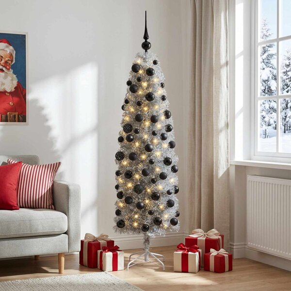 Karcsú műkarácsonyfa gömbökkel 180 cm 300 LED Meleg fehér