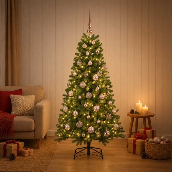 Műkarácsonyfa gömbbel 120 cm 150 LED Meleg fehér PVC Zöld