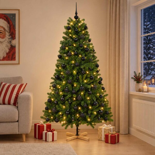 Műkarácsonyfa gömbbel 180 cm 300 LED Meleg fehér PVC Zöld