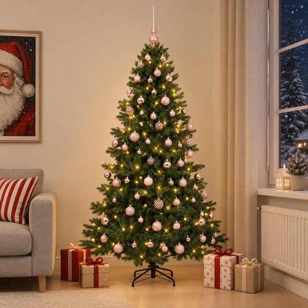 Műkarácsonyfa gömbbel 180 cm 300 LED Meleg fehér PVC és fém