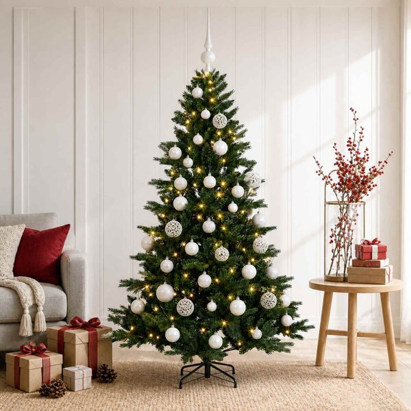 Műkarácsonyfa gömbbel 120 cm 150 LED Meleg fehér PVC és fém