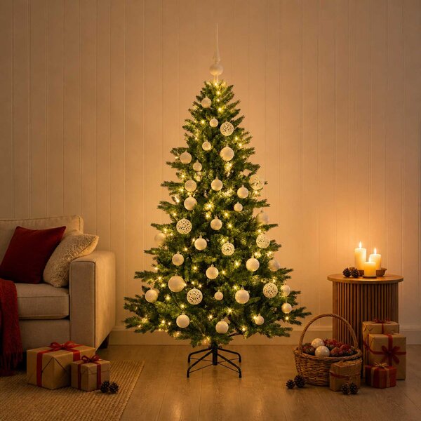 Műkarácsonyfa gömbbel 120 cm 150 LED Meleg fehér PVC és fém