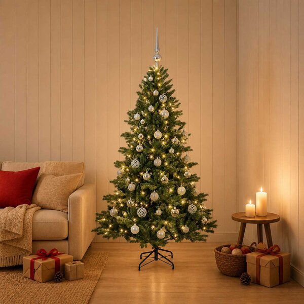 Műkarácsonyfa gömbbel 120 cm 150 LED Meleg fehér PVC és fém