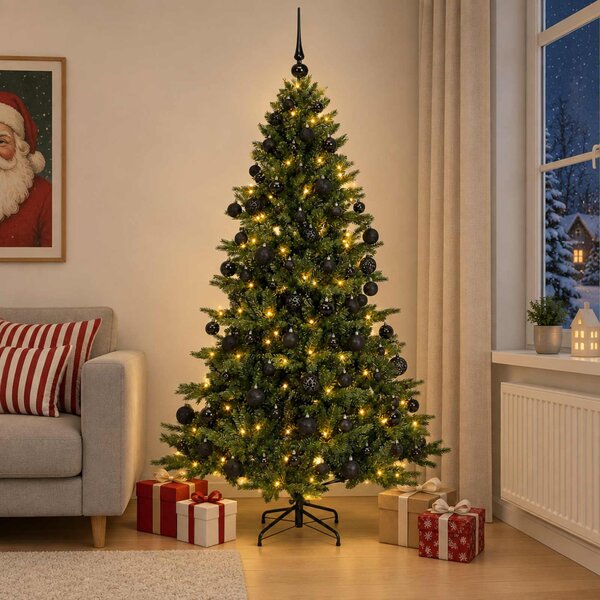 Műkarácsonyfa gömbbel 180 cm 300 LED Meleg fehér PVC és fém