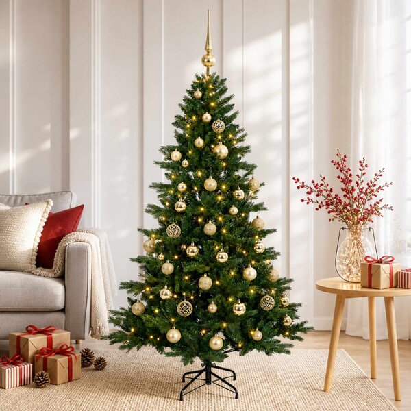Műkarácsonyfa gömbbel 120 cm 150 LED Meleg fehér PVC és fém
