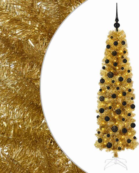 Mű vékony karácsonyfa gömbökkel 180 cm 300 LED Meleg fehér