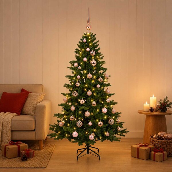 Műkarácsonyfa gömbbel 120 cm 150 LED Meleg fehér PVC és fém
