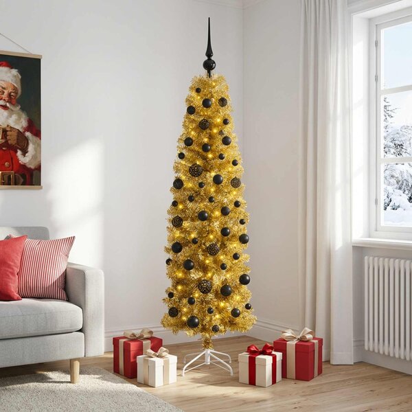 Mű vékony karácsonyfa gömbökkel 180 cm 300 LED Meleg fehér